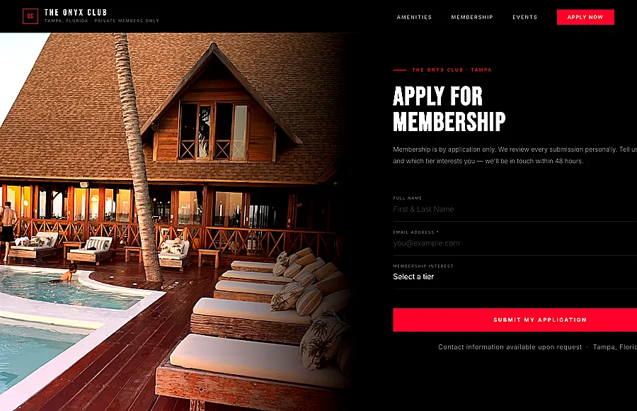 The Onyx Club private members club website — Tampa Florida — designed by Miami Web HQ