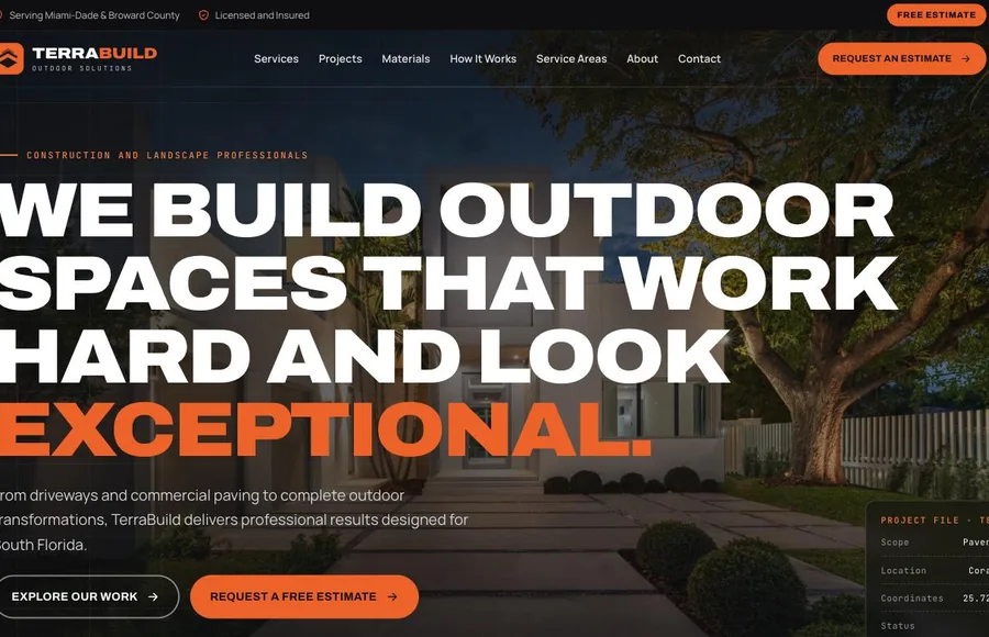 TerraBuild Outdoor Solutions construction and landscape website — Miami Florida — designed by Miami Web HQ