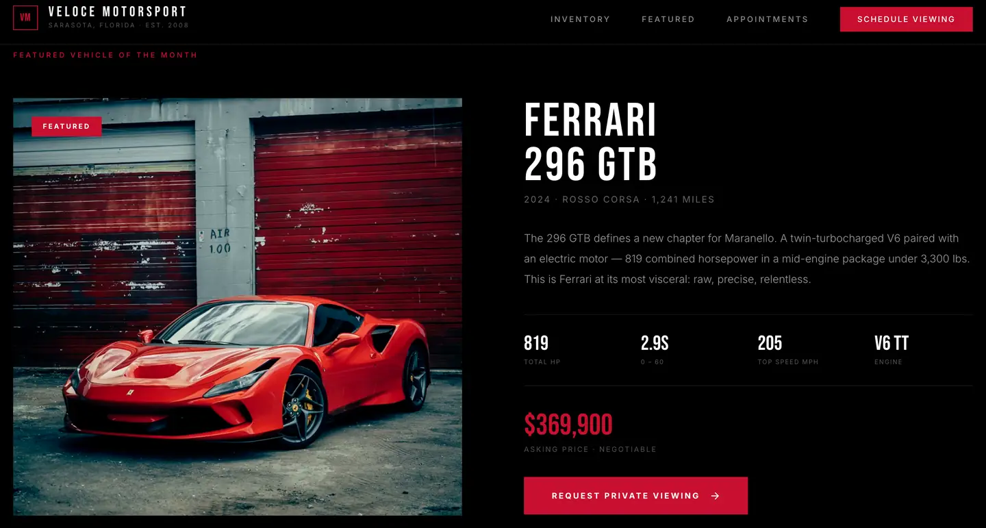 VELOCE MOTORSPORT exotic car dealership website featuring Ferrari 296 GTB — designed by Miami Web HQ
